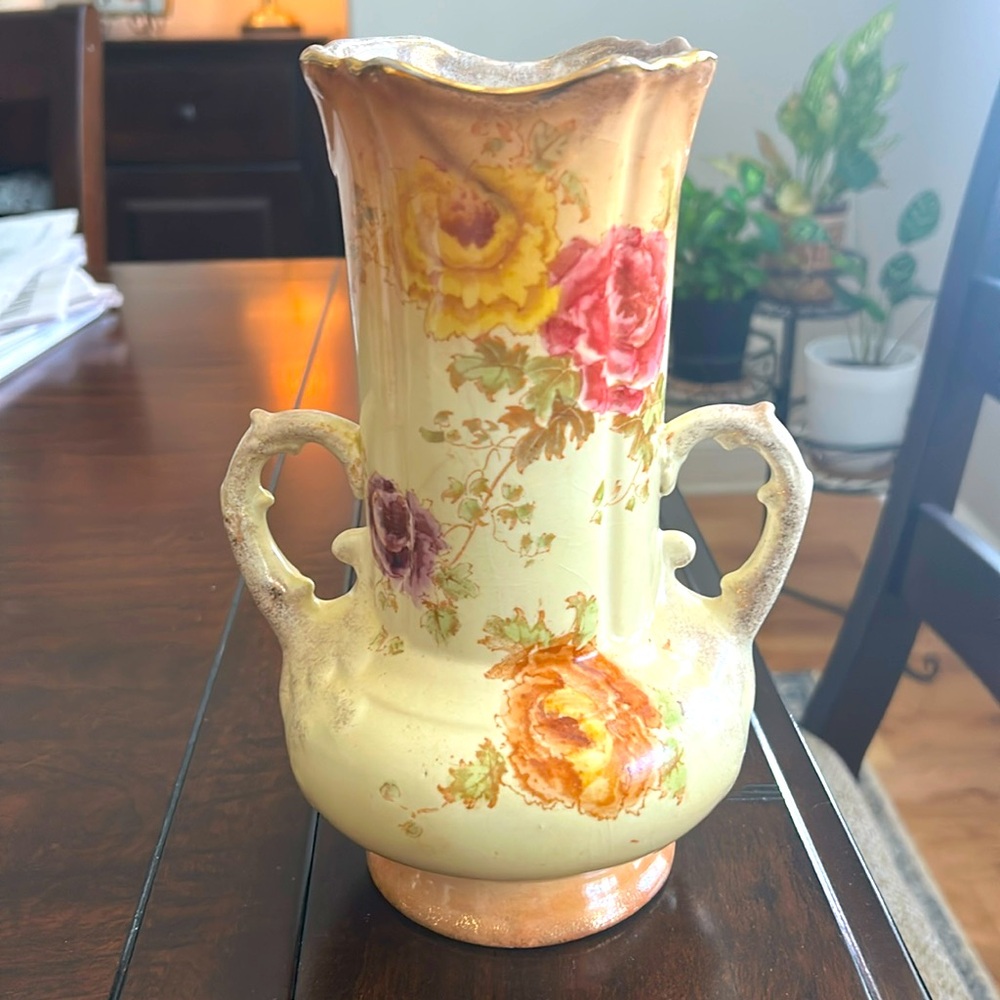 vintage porcelain amphora vase with a hand-painted floral, early 20th century